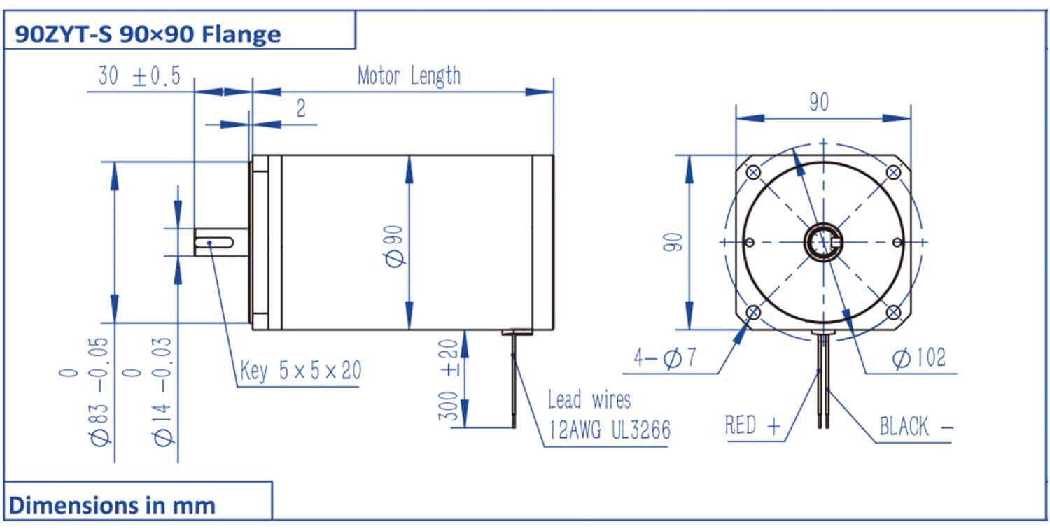 90ZYT Series Brushed Dc Motor Dimension